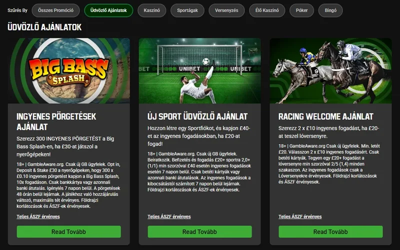 Az Unibet kaszinó-, sport- és lóverseny-üdvözlőajánlatai