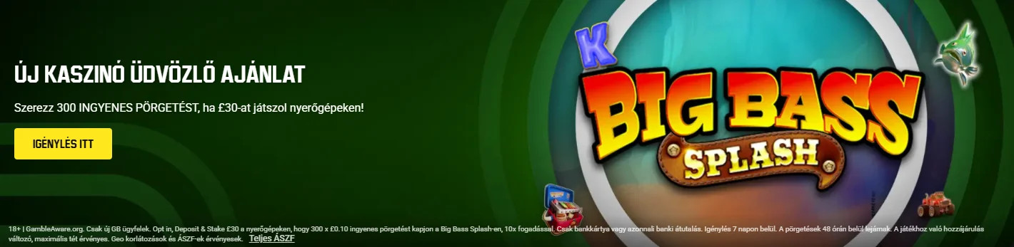 Az Unibet 300 ingyenes pörgetéses Big Bass Splash kaszinóajánlata