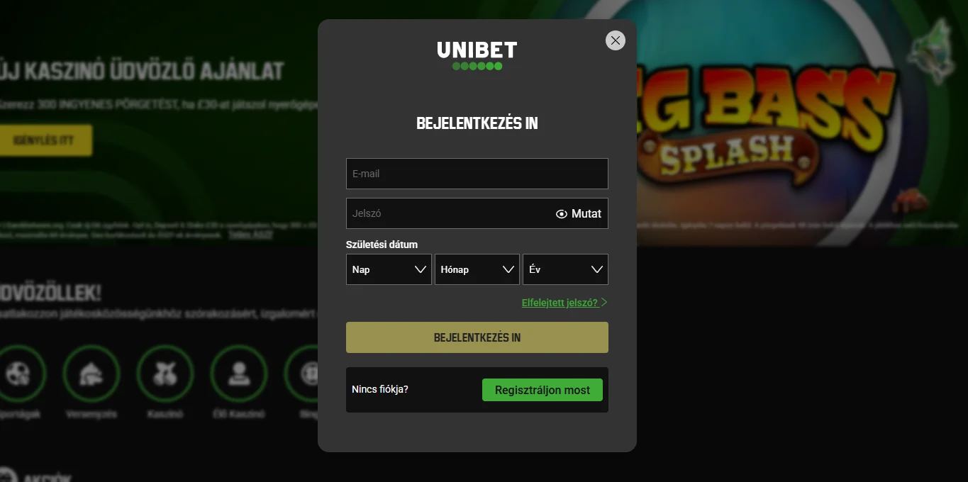 Az Unibet bejelentkezési ablaka e-mail-, jelszó- és születésidátum-mezőkkel