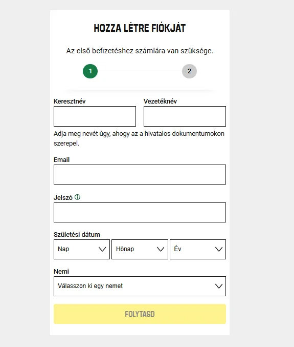 Az Unibet fiók létrehozására szolgáló regisztrációs űrlap