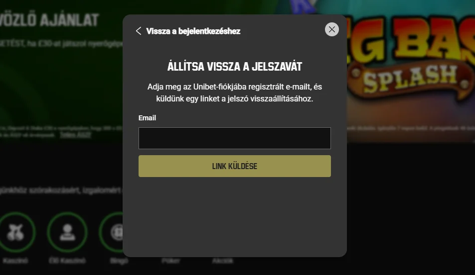 Az Unibet jelszó-visszaállítási ablaka e-mail-mezővel