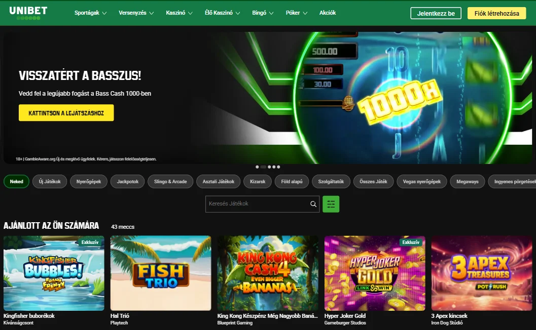 Az Unibet kaszinó kezdőlapja kiemelt nyerőgépekkel és játékkategóriákkal