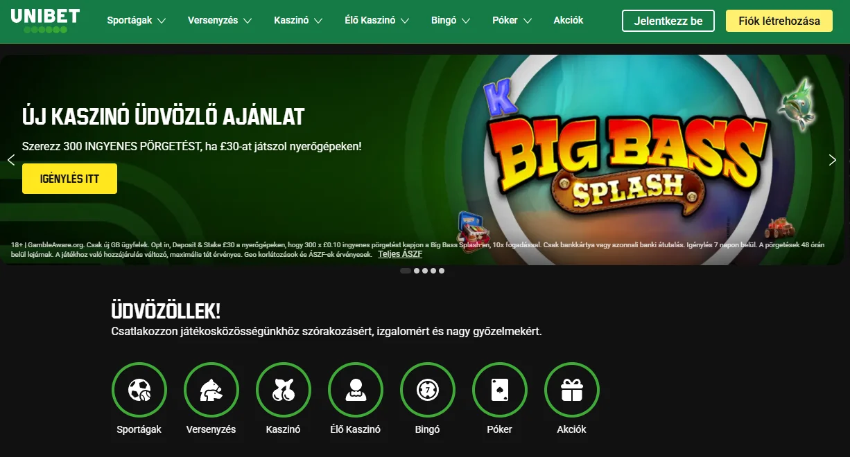Az Unibet magyar weboldal kaszinó üdvözlőajánlata és fő navigációja
