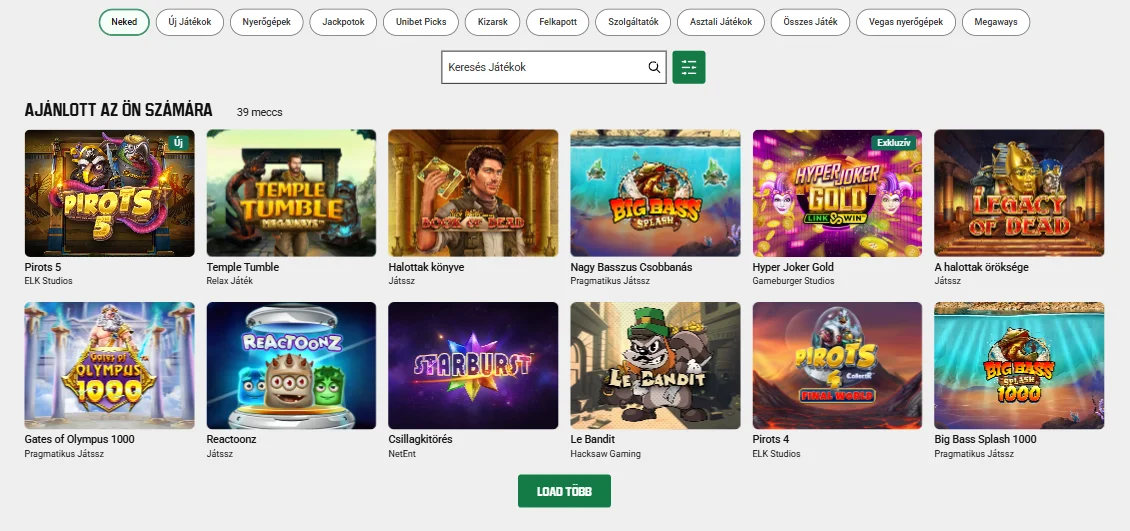 Az Unibet online kaszinó ajánlott játékainak katalógusa