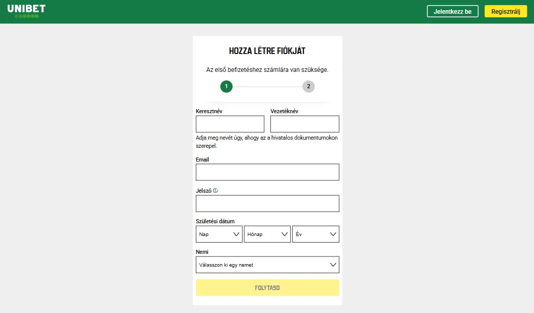Az Unibet fiók létrehozására szolgáló regisztrációs űrlap