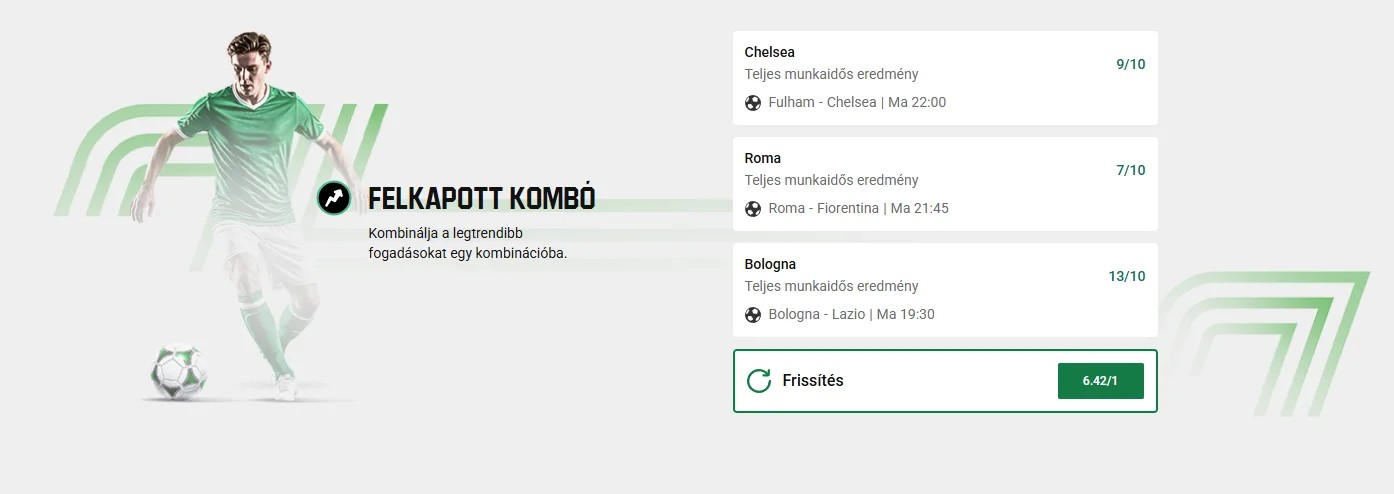 Három labdarúgó-választást tartalmazó kombinált fogadás az Unibet fogadószelvényén