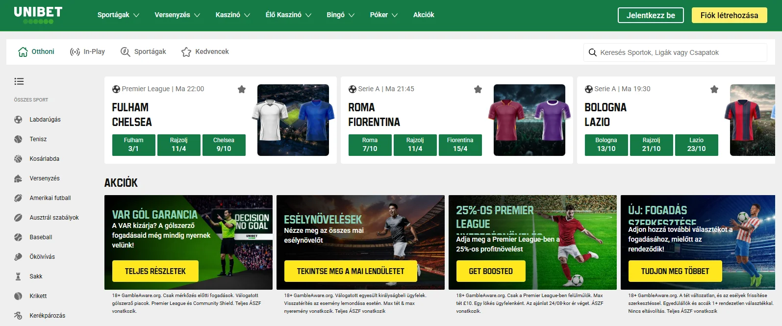 Az Unibet sportfogadási felülete labdarúgó-mérkőzésekkel, oddsokkal és promóciókkal